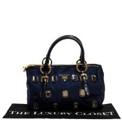 Pre Owned Prada Blue/Black Nylon and Patent Leather Jewel Embellished Boston Bag