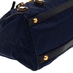 Pre Owned Prada Blue/Black Nylon and Patent Leather Jewel Embellished Boston Bag