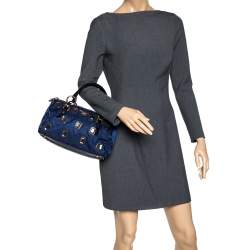 Pre Owned Prada Blue/Black Nylon and Patent Leather Jewel Embellished Boston Bag