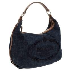 Pre Owned Prada Blue/Tan Denim and Leather Hobo