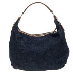 Pre Owned Prada Blue/Tan Denim and Leather Hobo