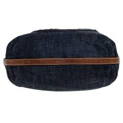 Pre Owned Prada Blue/Tan Denim and Leather Hobo