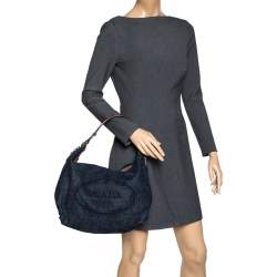 Pre Owned Prada Blue/Tan Denim and Leather Hobo