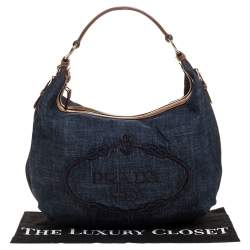 Pre Owned Prada Blue/Tan Denim and Leather Hobo
