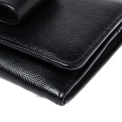 Pre Owned Prada Black Saffiano Lux Leather Bow Continental Wallet