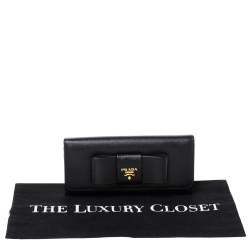 Pre Owned Prada Black Saffiano Lux Leather Bow Continental Wallet