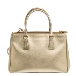 Pre Owned Prada Metallic Gold Saffiano Leather Small Galleria Double Zip Tote