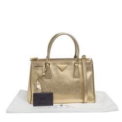 Pre Owned Prada Metallic Gold Saffiano Leather Small Galleria Double Zip Tote