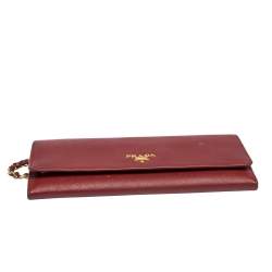 Pre Owned Prada Red Saffiano Lux Leather Wallet on Chain