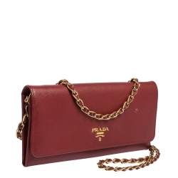 Pre Owned Prada Red Saffiano Lux Leather Wallet on Chain
