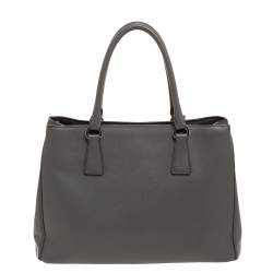Pre Owned Prada Grey Saffiano Lux Leather Medium Double Zip Tote