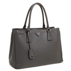 Pre Owned Prada Grey Saffiano Lux Leather Medium Double Zip Tote