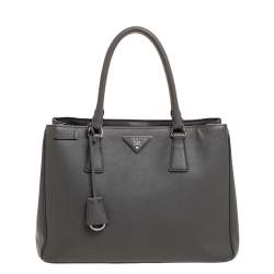 Pre Owned Prada Grey Saffiano Lux Leather Medium Double Zip Tote