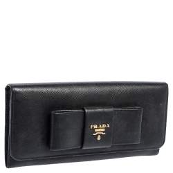 Pre Owned Prada Black Saffiano Leather Bow Continental Wallet