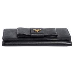 Pre Owned Prada Black Saffiano Leather Bow Continental Wallet