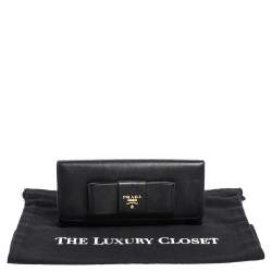 Pre Owned Prada Black Saffiano Leather Bow Continental Wallet