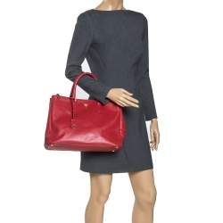 Pre Owned Prada Red Saffiano Lux Leather Large Double Zip Tote