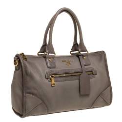 Pre Owned Prada Taupe Vitello Daino Leather Front Zip Tote
