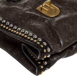 Pre Owned Prada Olive Green/Black Crackled Leather Studded Clutch