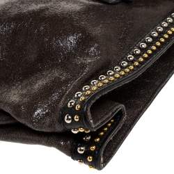 Pre Owned Prada Olive Green/Black Crackled Leather Studded Clutch