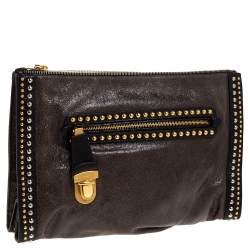 Pre Owned Prada Olive Green/Black Crackled Leather Studded Clutch