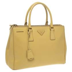 Pre Owned Prada Yellow Saffiano Lux Leather Medium Double Zip Tote