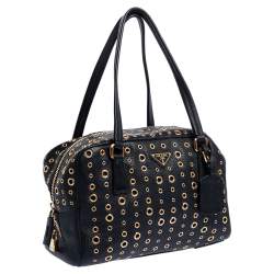 Pre Owned Prada Black Leather Grommet Bauletto Bag