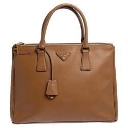 Pre Owned Prada Caramel Saffiano Lux Leather Medium Double Zip Tote