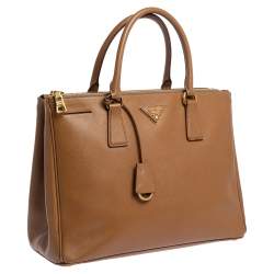 Pre Owned Prada Caramel Saffiano Lux Leather Medium Double Zip Tote