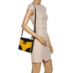 Pre Owned Prada Black/Yellow Saffiano Leather Turn-Lock Shoulder Bag