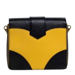 Pre Owned Prada Black/Yellow Saffiano Leather Turn-Lock Shoulder Bag