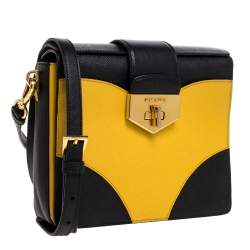 Pre Owned Prada Black/Yellow Saffiano Leather Turn-Lock Shoulder Bag