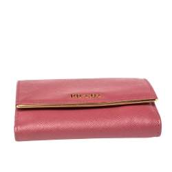 Pre Owned Prada Pink Saffiano Lux Leather Bar Flap French Wallet