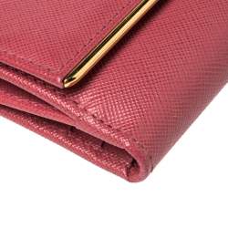 Pre Owned Prada Pink Saffiano Lux Leather Bar Flap French Wallet