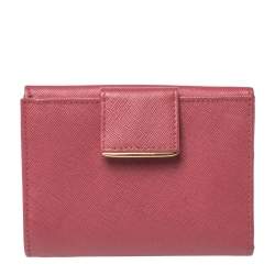 Pre Owned Prada Pink Saffiano Lux Leather Bar Flap French Wallet