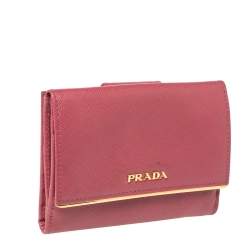 Pre Owned Prada Pink Saffiano Lux Leather Bar Flap French Wallet