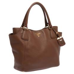 Pre Owned Prada Brown Vitello Daino Leather Side Pocket Tote