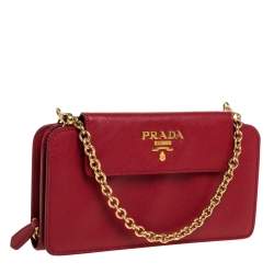 Pre Owned Prada Red Saffiano Lux Leather Wallet on Chain
