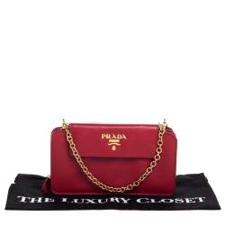 Pre Owned Prada Red Saffiano Lux Leather Wallet on Chain