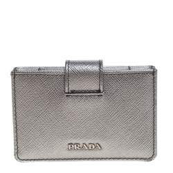 Pre Owned Prada Silver Saffiano Lux Leather Card Holder