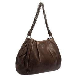 Pre Owned Prada Grey Vitello Daino Leather Hobo