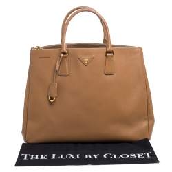 Pre Owned Prada Tan Saffiano Lux Leather Executive Double Zip Tote