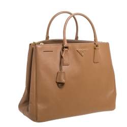 Pre Owned Prada Tan Saffiano Lux Leather Executive Double Zip Tote