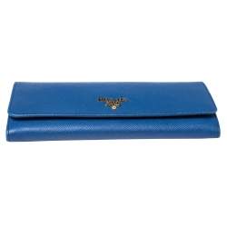 Pre Owned Prada Blue Saffiano Lux Leather Flap Continental Wallet