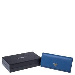 Pre Owned Prada Blue Saffiano Lux Leather Flap Continental Wallet