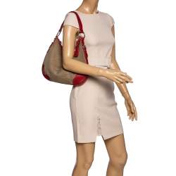 Pre Owned Prada Red/Beige Logo Jacquard Fabric and Leather Hobo 