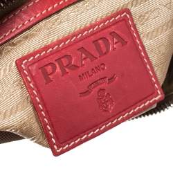 Pre Owned Prada Red/Beige Logo Jacquard Fabric and Leather Hobo 