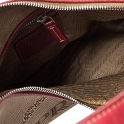 Pre Owned Prada Red/Beige Logo Jacquard Fabric and Leather Hobo 