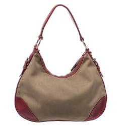 Pre Owned Prada Red/Beige Logo Jacquard Fabric and Leather Hobo 