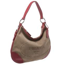 Pre Owned Prada Red/Beige Logo Jacquard Fabric and Leather Hobo 